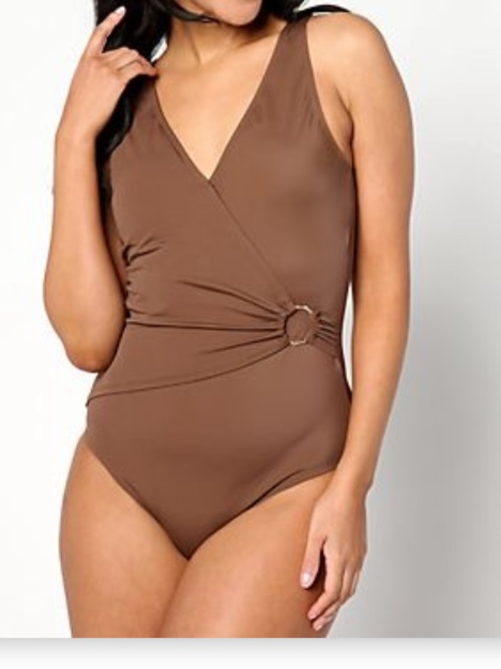 Susan Graver Brown One-Piece Swimsuit with Side Ring Detail